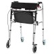 Height adjustable aluminum walker with rolling wheels, ergonomic backrest, and brakes for stability and safety.